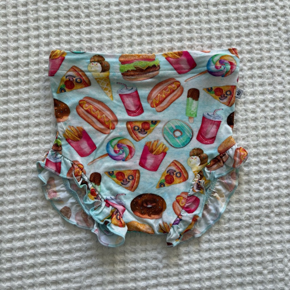 Birdie Bean Bamboo Ruffle Bummies Shorts Junk Food Print Pizza Donuts Soft - 2T